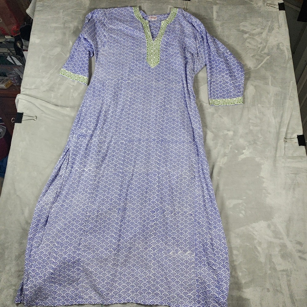 Amaya Blue White Embroidered Maxi Tunic Dress Women's M Boho Vacation Coastal
